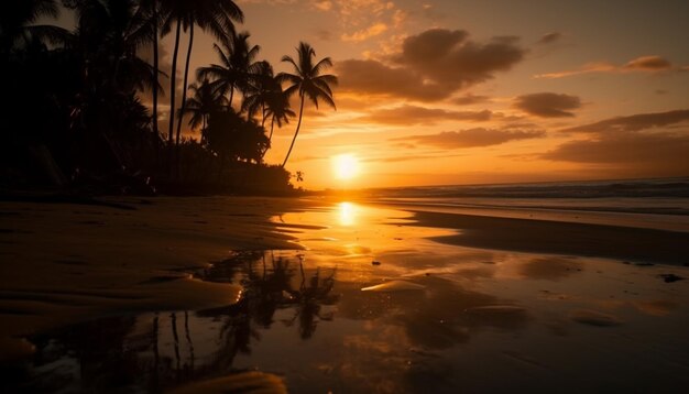 Ein ruhiger Sonnenaufgang über der von Palmen gesäumten tropischen Küste, generiert von KI