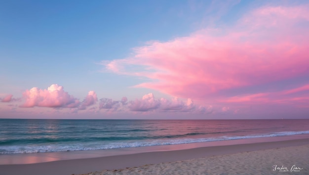 Ein ruhiger Sonnenuntergang am Strand mit rosa Wolken und einem ruhigen Meerblick