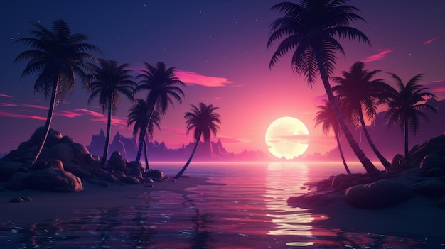Ein ruhiger Sonnenuntergang mit Palmen und Vollmond
