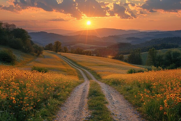 Foto ein ruhiger sonnenuntergang über der ländlichen landschaft