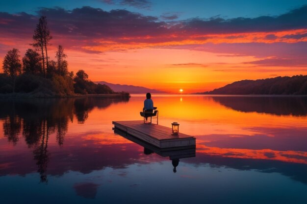 Ein ruhiger Sonnenuntergang über einem ruhigen See mit jemandem, der gesehen wird, wie er den von der KI erzeugten Sonnenuntergangsmoment genießt