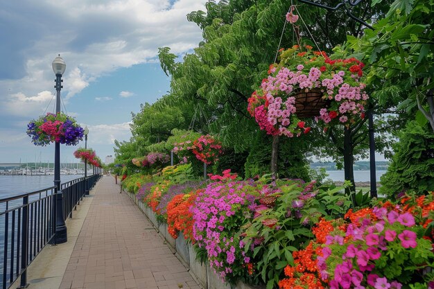 Ein ruhiger Spaziergang entlang des Wasserparks, wo die Promenaden voller farbenfroher Petunien sind