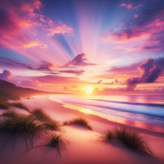 Ein ruhiger Strand bei Sonnenaufgang mit pastellfarbenen Farben, die den Himmel malen