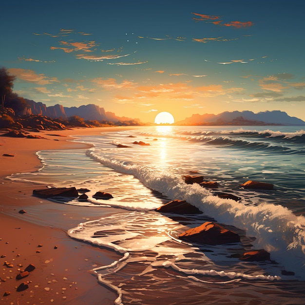 Ein ruhiger Strand mit der Sonne auf dem feinen Sand und den Wellen