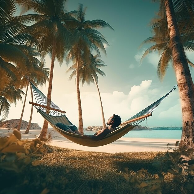 Foto ein ruhiger strand mit einer hängematte, die sich sanft zwischen zwei palmen schwankt