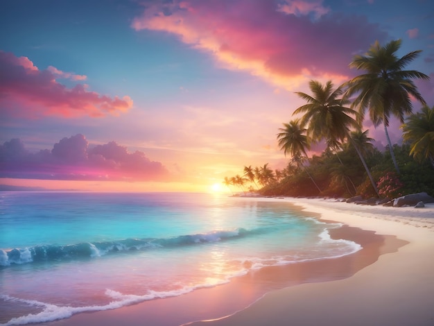 Ein ruhiger Strand mit Palmen, kristallklarem Wasser und einem farbenfrohen Sonnenuntergang