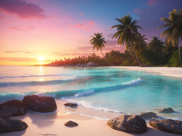 Ein ruhiger Strand mit Palmen, kristallklarem Wasser und einem farbenfrohen Sonnenuntergang