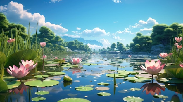 Ein ruhiger Teich mit blühenden Seerosen und Lotusblumen