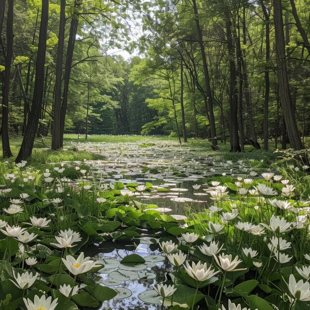 Foto ein ruhiger teich mit blühenden wasserlilien in einem wald