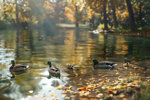 Ein ruhiger Teich mit Enten, die faul auf dem