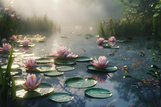 Ein ruhiger Teich mit Wasserlilien und Libellen