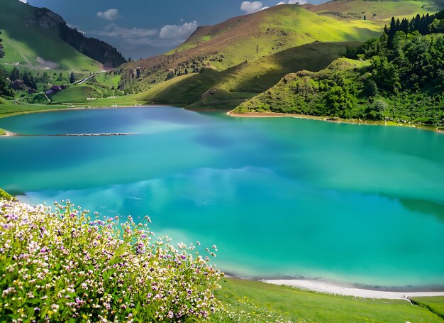 Ein ruhiger türkisfarbener See in einem Tal, umgeben von üppig grünen Wiesen und blühenden Blumen