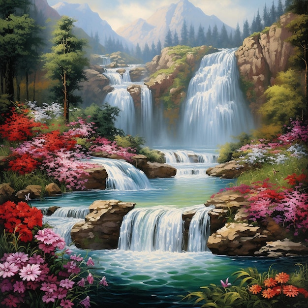 Ein ruhiger und atemberaubender Wasserfall inmitten eines üppig grünen Berges