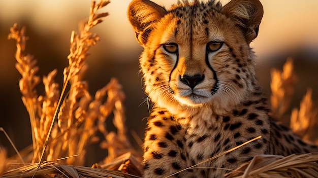 Ein ruhiger und eleganter Gepard ruht auf einem Termitenhügel in den goldenen Farbtönen eines afrikanischen Sonnenuntergangs