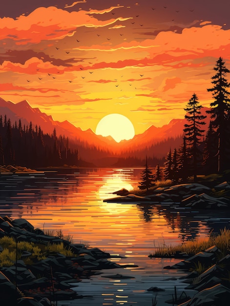 Ein ruhiger und friedlicher Sonnenuntergang über einem ruhigen See