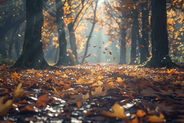 Ein ruhiger Wald mit einem Teppich aus gefallenen Blättern