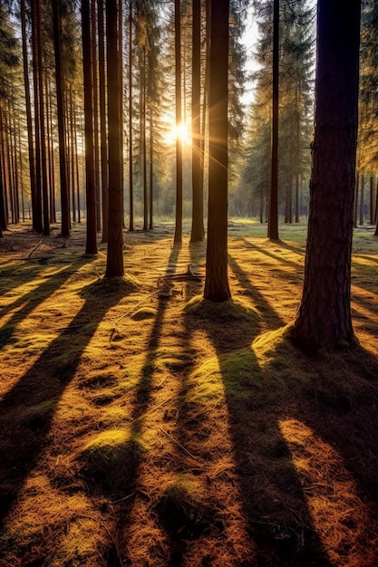 Ein ruhiger Waldsonnenuntergang mit Sonnenstrahlen