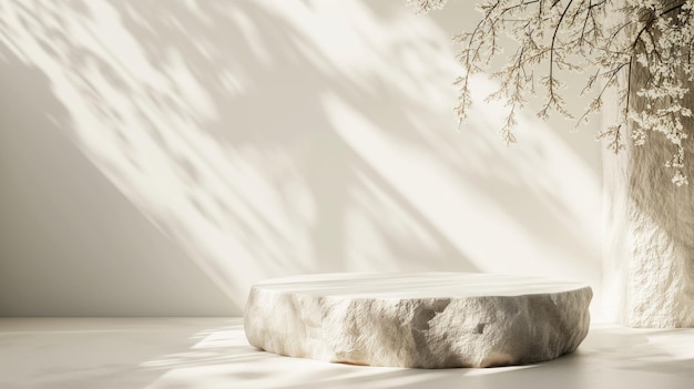 Ein ruhiger weißer Raum, der von Sonnenlicht beleuchtet wird, mit einem Naturstein-Piedestal neben einem blühenden