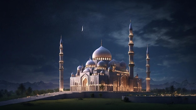 Ein ruhiges 4K-Bild mit einer ikonischen Moschee in der Nacht mit einem einzigen Halbmond am Himmel