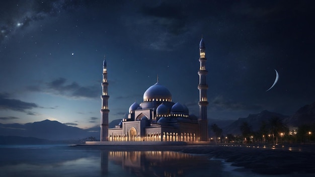 Ein ruhiges 4K-Bild mit einer ikonischen Moschee in der Nacht mit einem einzigen Halbmond am Himmel