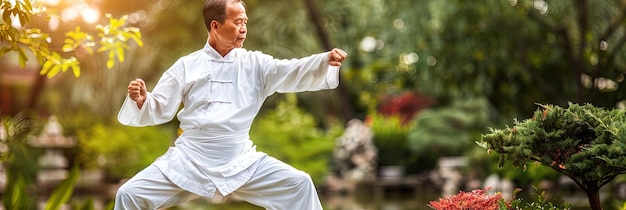 Foto ein ruhiges bild eines älteren mannes, der tai chi am see übt und in bewegung frieden und ruhe findet