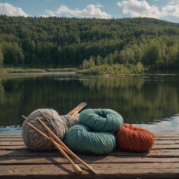 Foto ein ruhiges bild eines strickers, der auf einem holzsteg mit blick auf einen ruhigen see mit stricken von ya sitzt