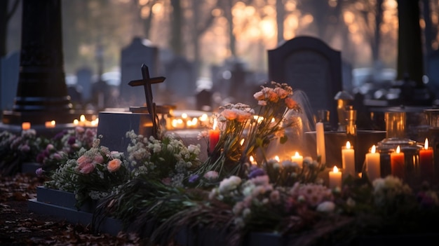 Ein ruhiges Bild für den Tag aller Heiligen ein Friedhof, der mit Kerzen und Blumen geschmückt ist