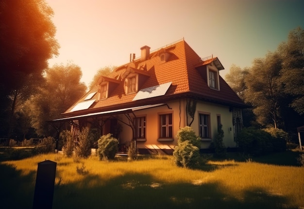 Ein ruhiges Cottage im Herzen einer ruhigen grünen Wiese Ein Haus mitten auf einem grasbewachsenen Feld