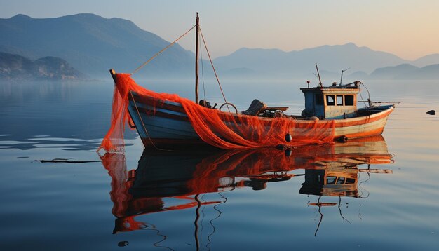 Ein ruhiges Fischerboot spiegelt den ruhigen, von KI erzeugten Sonnenuntergang auf dem Wasser wider