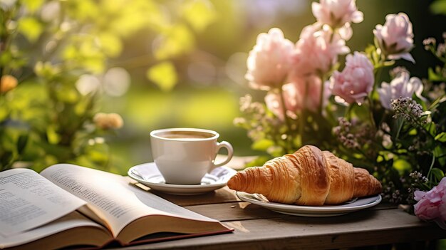 Ein ruhiges Frühstück im Garten mit Buch und Kaffee