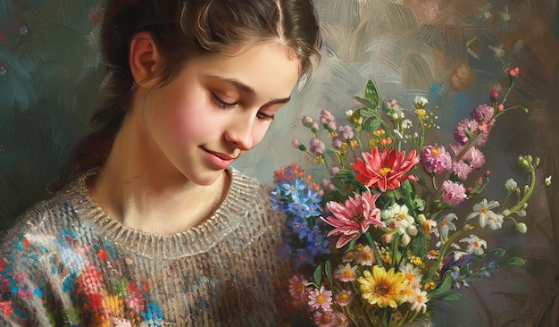 Ein ruhiges junges Mädchen mit einem bunten Blumenstrauß in einem künstlerischen Porträt
