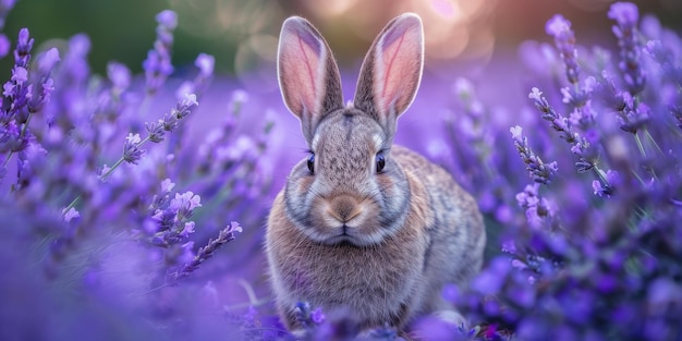 Ein ruhiges Kaninchen inmitten der üppigen Lavendelblüten im sanften Licht