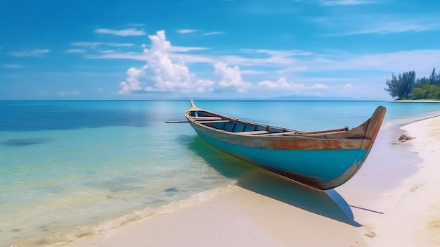 Ein ruhiges Kanu an einem tropischen Sandstrand, Nahaufnahme eines Bootes mit generativer KI