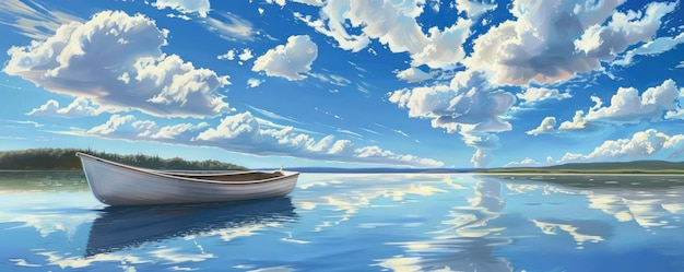 Ein ruhiges Landschaftsgemälde, das eine ruhige Szene am See mit einem Ruderboot darstellt, das unter einem strahlend blauen Himmel mit flauschigen weißen Wolken sanft auf dem Wasser treibt