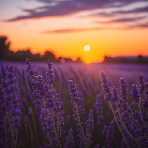 Ein ruhiges Lavendelfeld unter einem farbenfrohen Sonnenuntergang