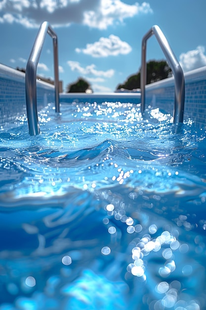 Ein ruhiges Schwimmbad mit blauen Mosaikfliesen