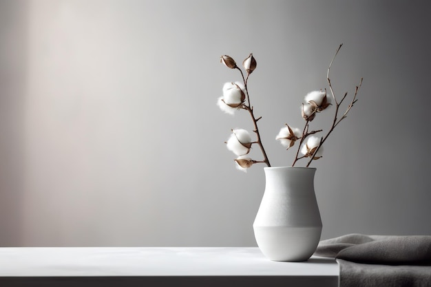 Ein ruhiges Stillleben mit Baumwollzweigen in einer weißen Vase Generative KI
