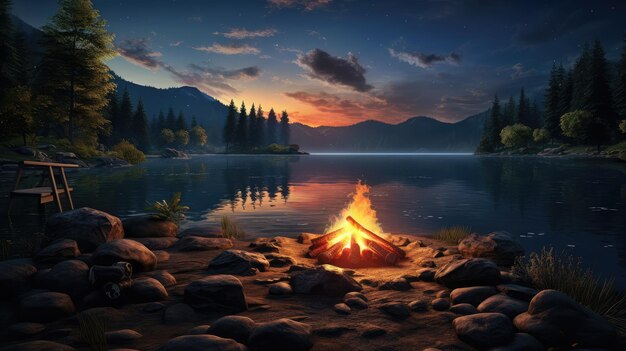 Ein ruhiges Twilight-Lagerfeuer am See