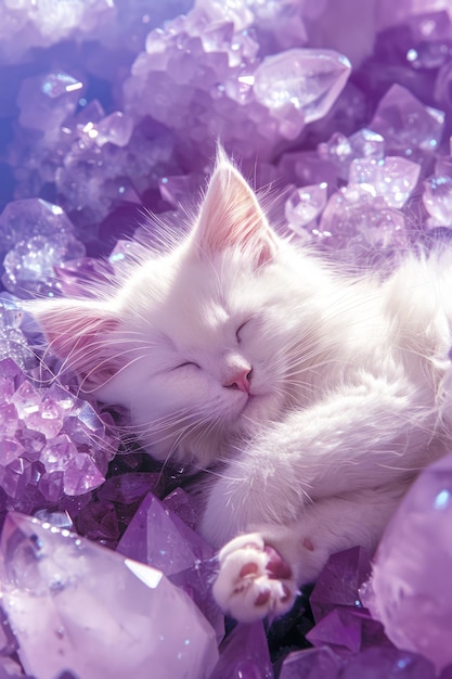 Ein ruhiges weißes Kätzchen schläft friedlich auf einem purpurnen Amethystkristallhintergrund