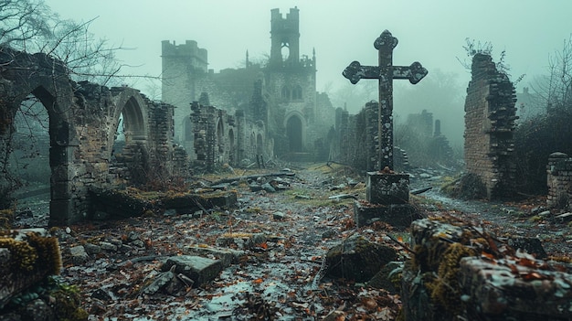 Ein ruiniertes Schloss mit einem leeren Kreuz im Hintergrund