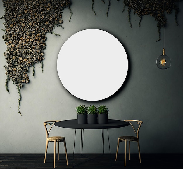 Ein runder Spiegel an der Wand, an dem eine Pflanze hängt.