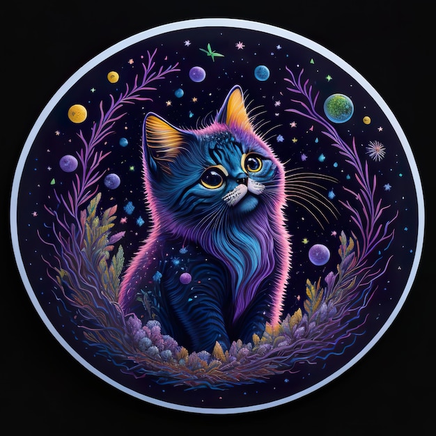 Ein runder Teller mit einer Katze darauf, auf der „Weltraum“ steht.