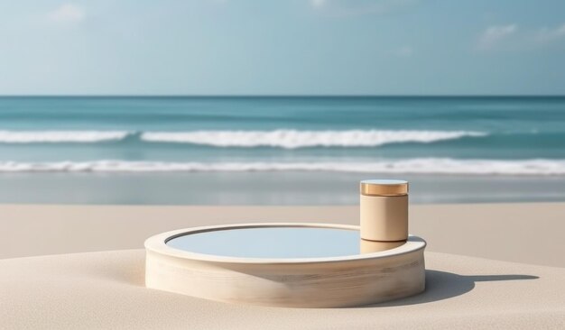 Ein runder Tisch am Strand mit einer Tasse Kaffee darauf.