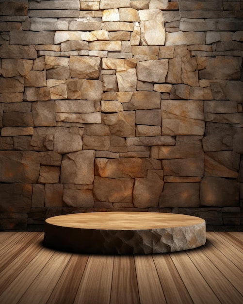 Ein runder Tisch in einem Raum mit einer Steinmauer und einer Steinmauer.