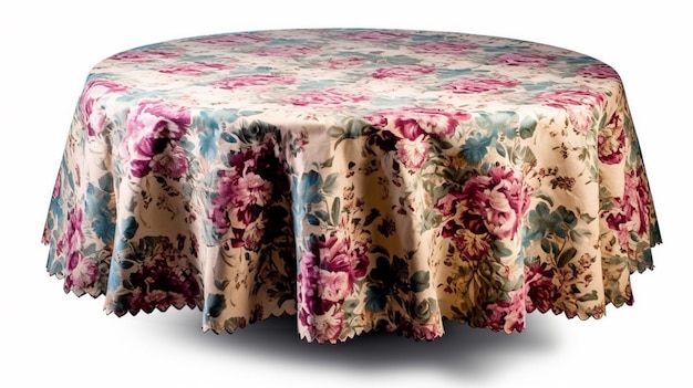 Ein runder Tisch mit einer Tischdecke mit Blumenmuster auf isoliertem weißem Hintergrund