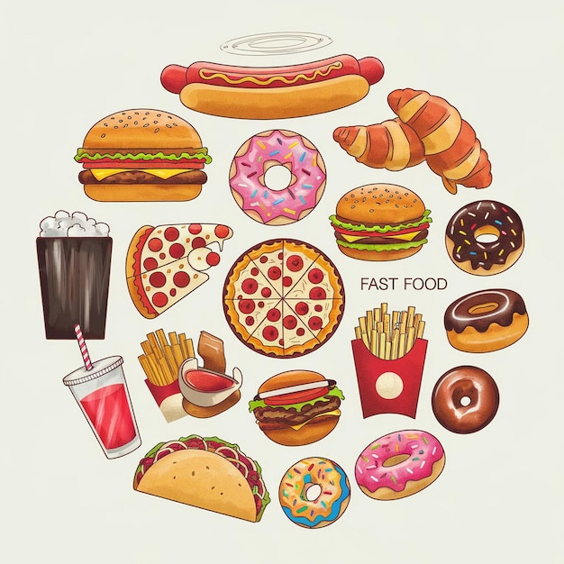 ein rundes Bild von Nahrungsmitteln einschließlich Burger und Burger