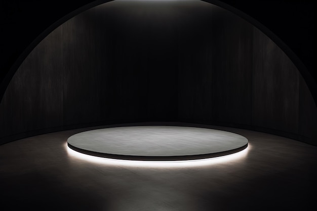 ein rundes Plattformpodest mit weißem Neonlicht auf dunklem Hintergrund