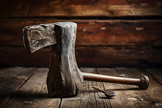 Foto ein rustikaler hammer auf verwittertem holz