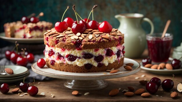 Ein rustikaler Kirschmandelkuchen mit einer knusprigen Mandelkruste und einem süßen Kirschkompot im Zentrum