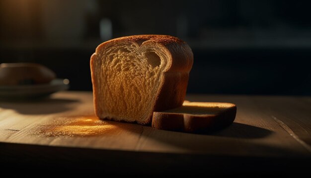 Ein rustikaler Laib hausgemachtes Vollkornbrot, hergestellt von KI